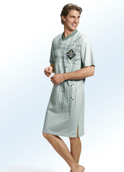 Nachtwäsche - Nachthemd mit platziertem Druck und V-Ausschnitt, kurzarm, in Größe 048 bis 066, in Farbe HELLGRÜN-ZEDER-BUNT