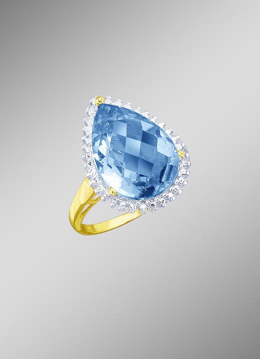mit Edelsteinen - Damenring mit Diamanten und echt Blautopas-Tropfen, in Größe 160 bis 220, in Farbe