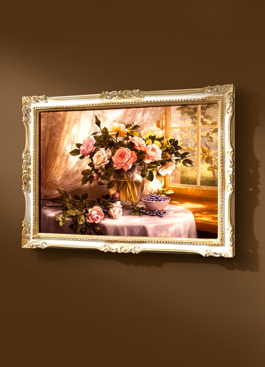 Blumen - Bild mit Rosenstrauss, in Farbe WEISS-GOLD