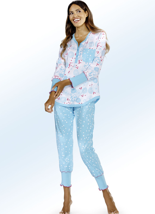 Schlafanzüge & Shortys - Pyjama mit Bündchen und Knopfleiste, in Größe 032 bis 050, in Farbe WEISS-TÜRKIS Ansicht 1