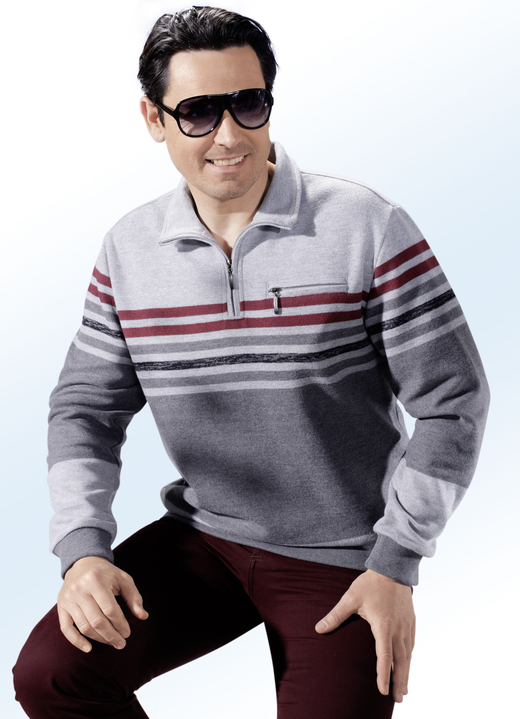 Hemden, Pullover & Shirts - Troyer mit kurzem Reissverschluss, in Größe 046 bis 062, in Farbe GRAU MELIERT-BORDEAUX-SCHWARZ