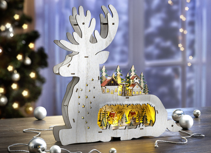 Weihnachtliche Dekorationen - Beleuchtetes Rentier aus Holz, in Farbe WEISS-GRÜN