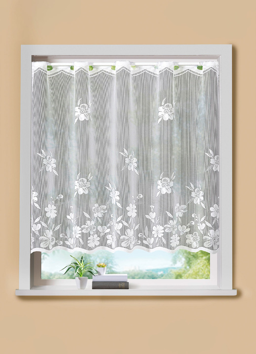 Landhaus & Küche - Kleinfenster-Vorhang Blumenranke mit Stangendurchzug, in Größe 120 (H80xB100 cm) bis 125 (H100xB150 cm), in Farbe WEISS Ansicht 1