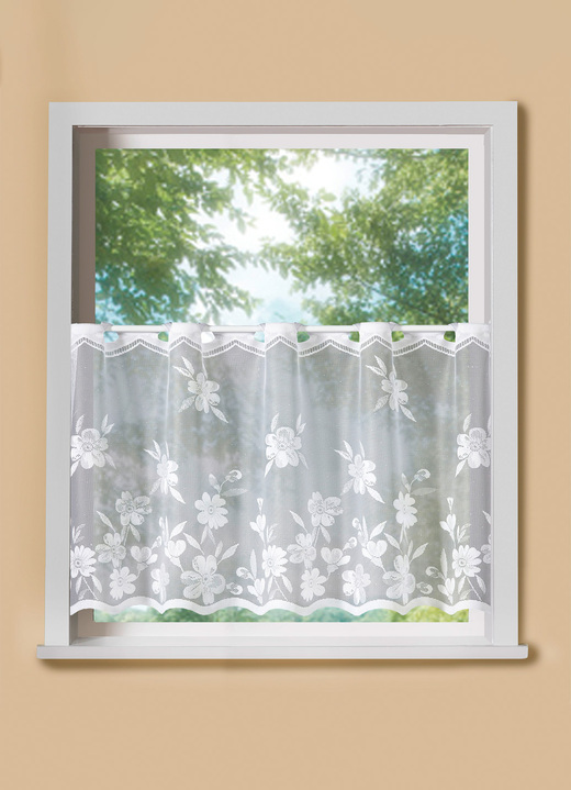 Landhaus & Küche - Kurzvorhang Blumenranke mit Stangendurchzug, in Größe 660 (H30xB100 cm) bis 876 (H50xB150 cm), in Farbe WEISS Ansicht 1