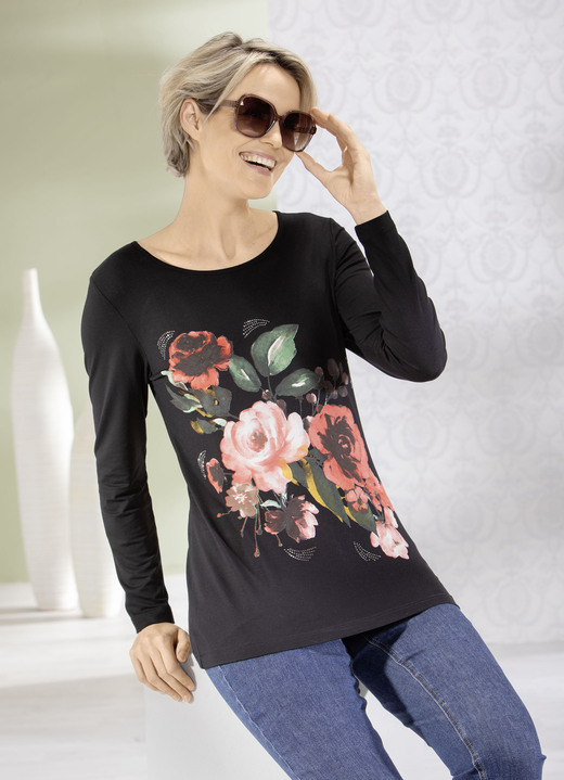 Shirts - Shirt mit floralem Druckmotiv, in Größe 038 bis 054, in Farbe SCHWARZ Ansicht 1