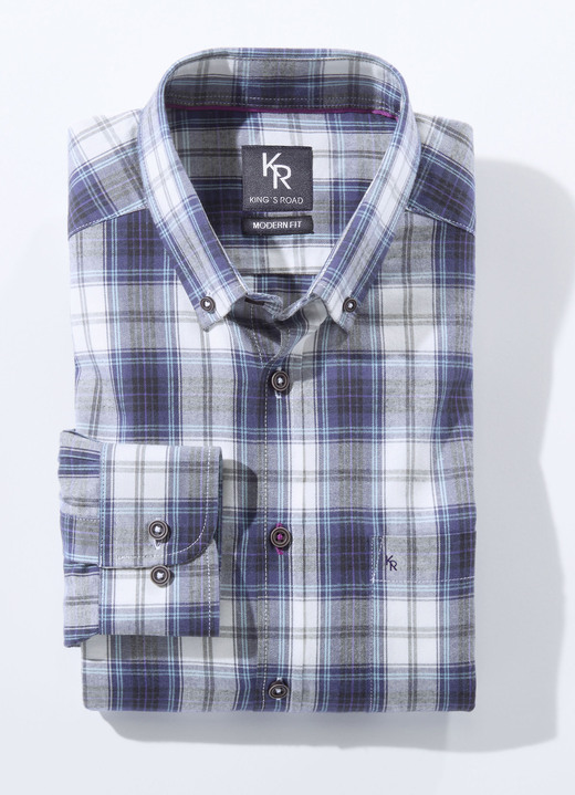 Hemden, Pullover & Shirts - Hemd von «King's Road» mit Button-Down-Kragen in 3 Farben, in Größe 3XL(47/48) bis XXL(45/46), in Farbe DUNKELLILA-ECRU KARIERT Ansicht 1