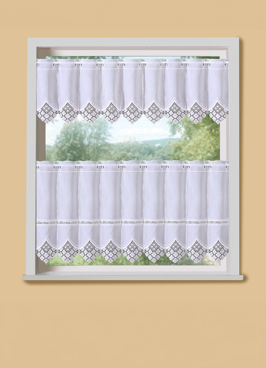 Landhaus & Küche - Kurzvorhang mit edler Macramé-Spitze und Stangendurchzug, in Größe 661 (H30xB 90 cm) bis 861 (H60xB150 cm), in Farbe WEISS Ansicht 1