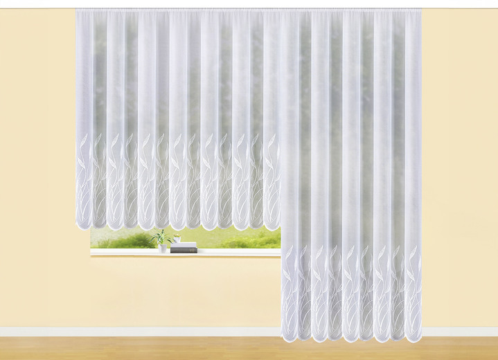 Klassisch - Vorhang Gräser mit gebogtem Abschluss und Universalschienenband, in Größe 140 (H125xB300 cm) bis 298 (H245xB600 cm), in Farbe WEISS Ansicht 1