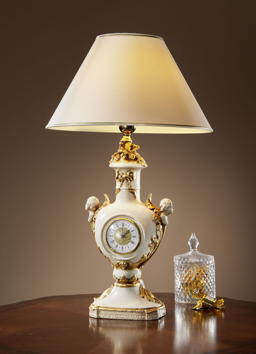 Lampen & Leuchten - Handbemalte Tischlampe mit Uhr, in Farbe CREME-GOLD