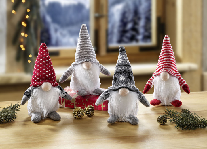 Weihnachtliche Dekorationen - Wichtel aus Baumwolle und Filz, 4er-Set, in Farbe ROT-GRAU-WEISS