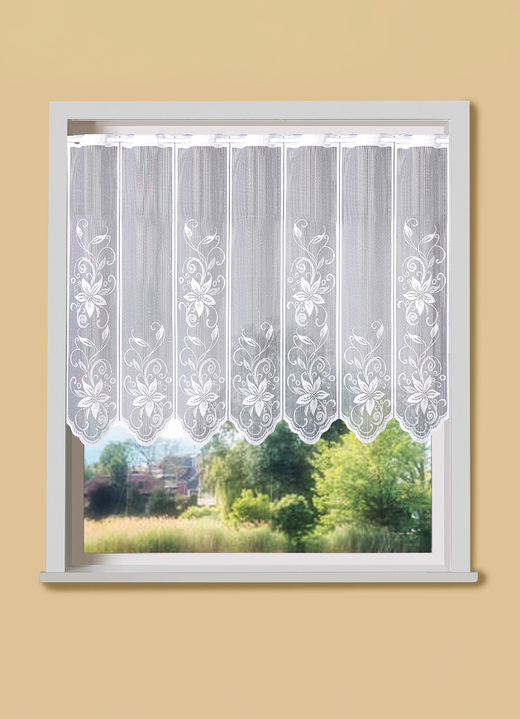 Klassisch - Kurzvorhang mit Blumenranken-Motiv und Stangendurchzug, in Größe 822 (H30xB 96 cm) bis 884 (H90xB160 cm), in Farbe WEISS